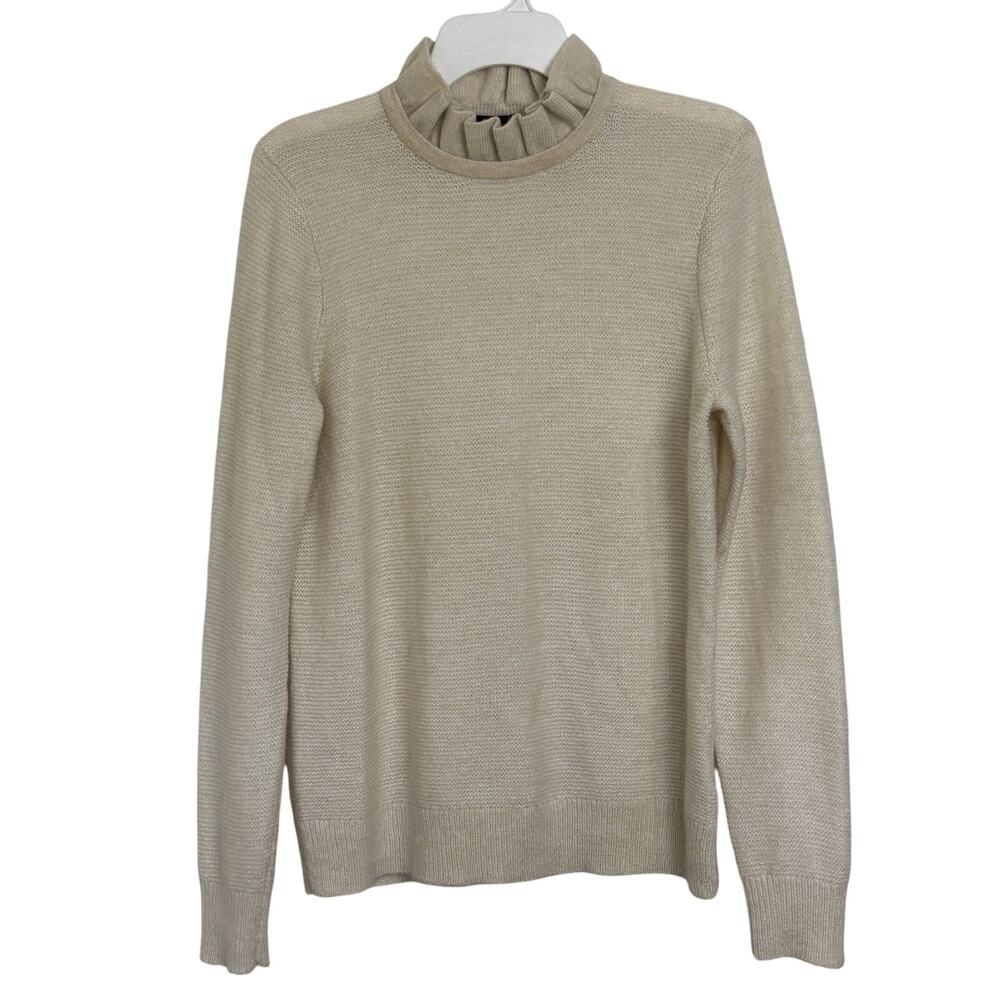 J Crew Alpaca Blend Ruffle Sweater Size Large Ivory Cozy Classic Preppy Minimal